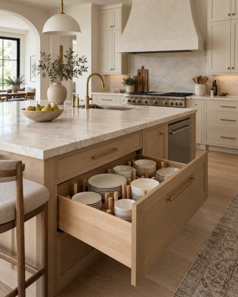 Light wood kitchen island with an open drawer containing organized white ceramic plates.