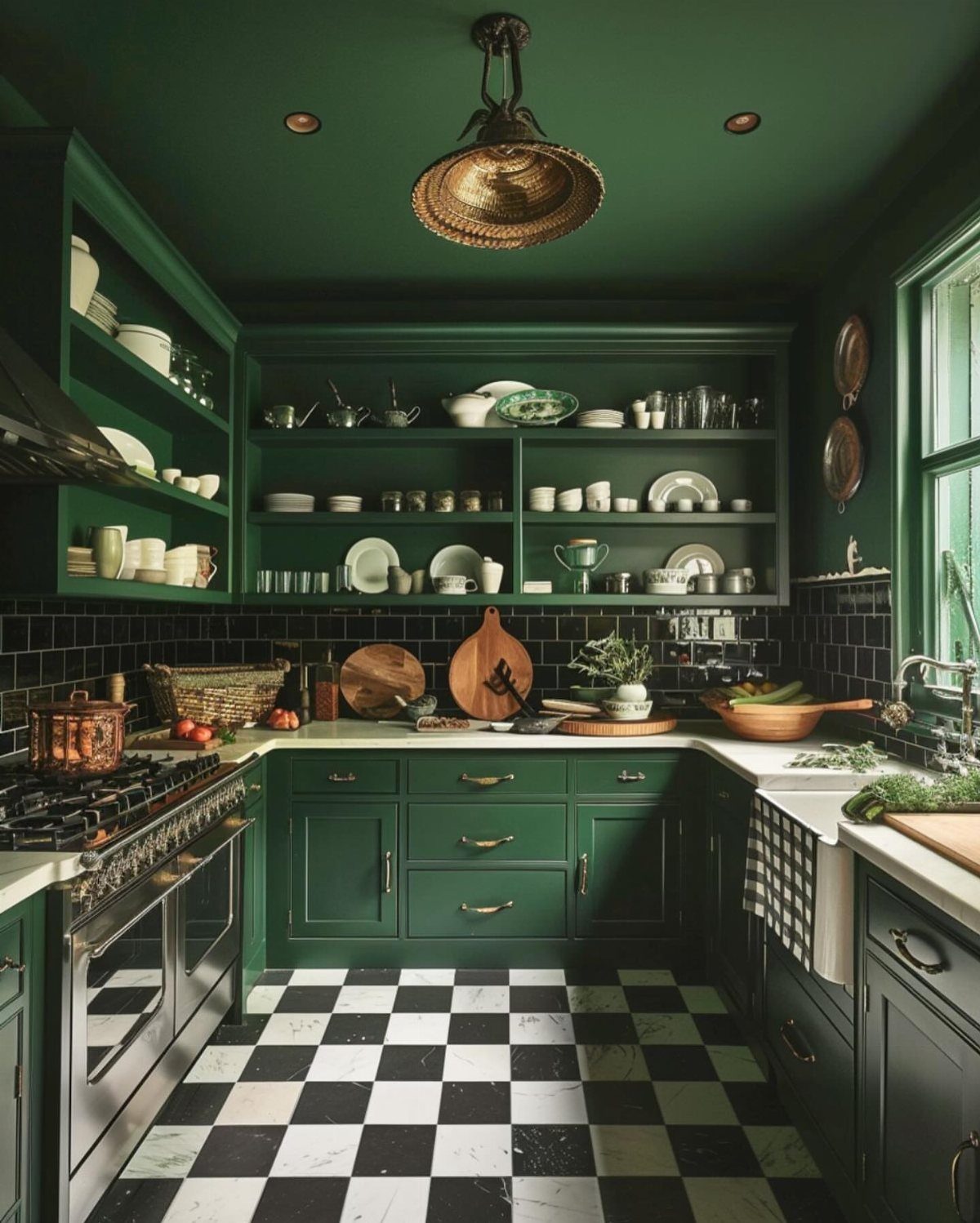 Black and white checkered tile floor in a kitchen with dark green cabinetry.