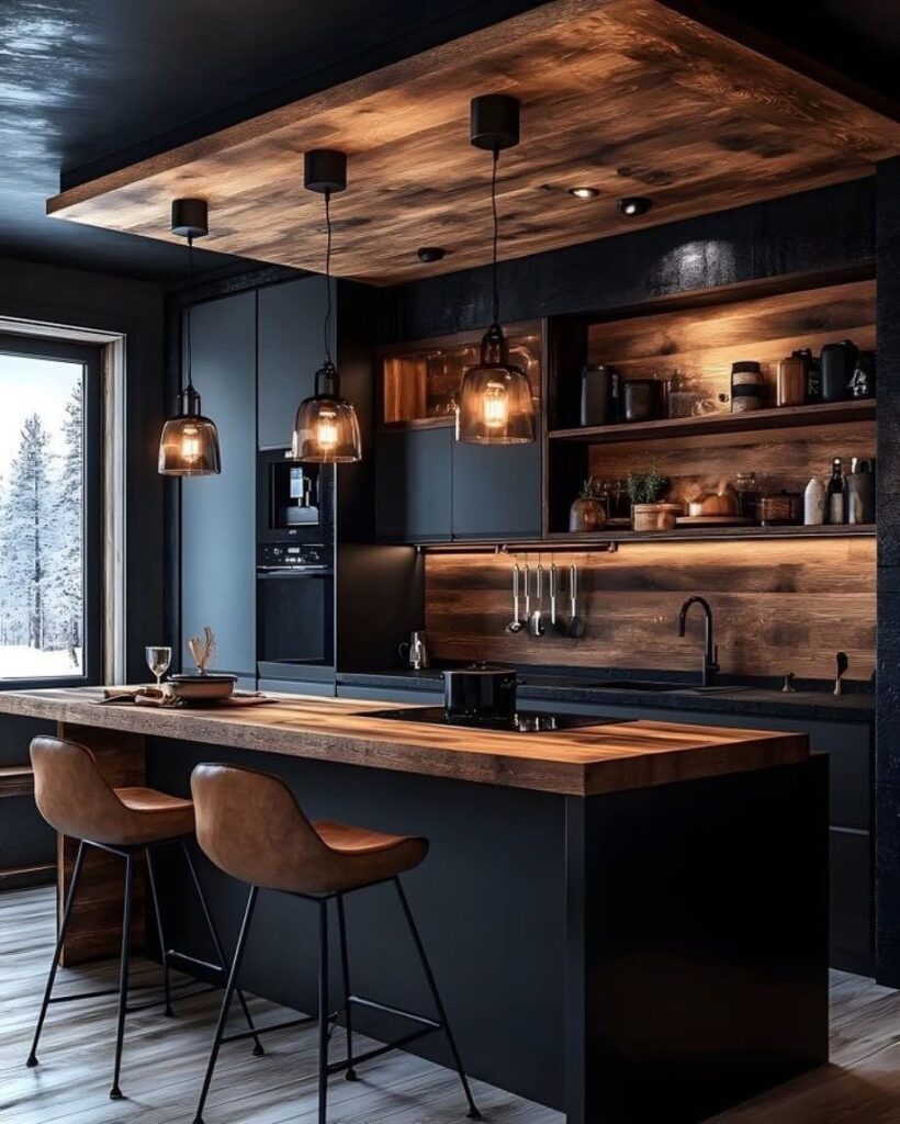 Modern kitchen with matte black cabinets, natural wood countertops, and warm pendant lighting.