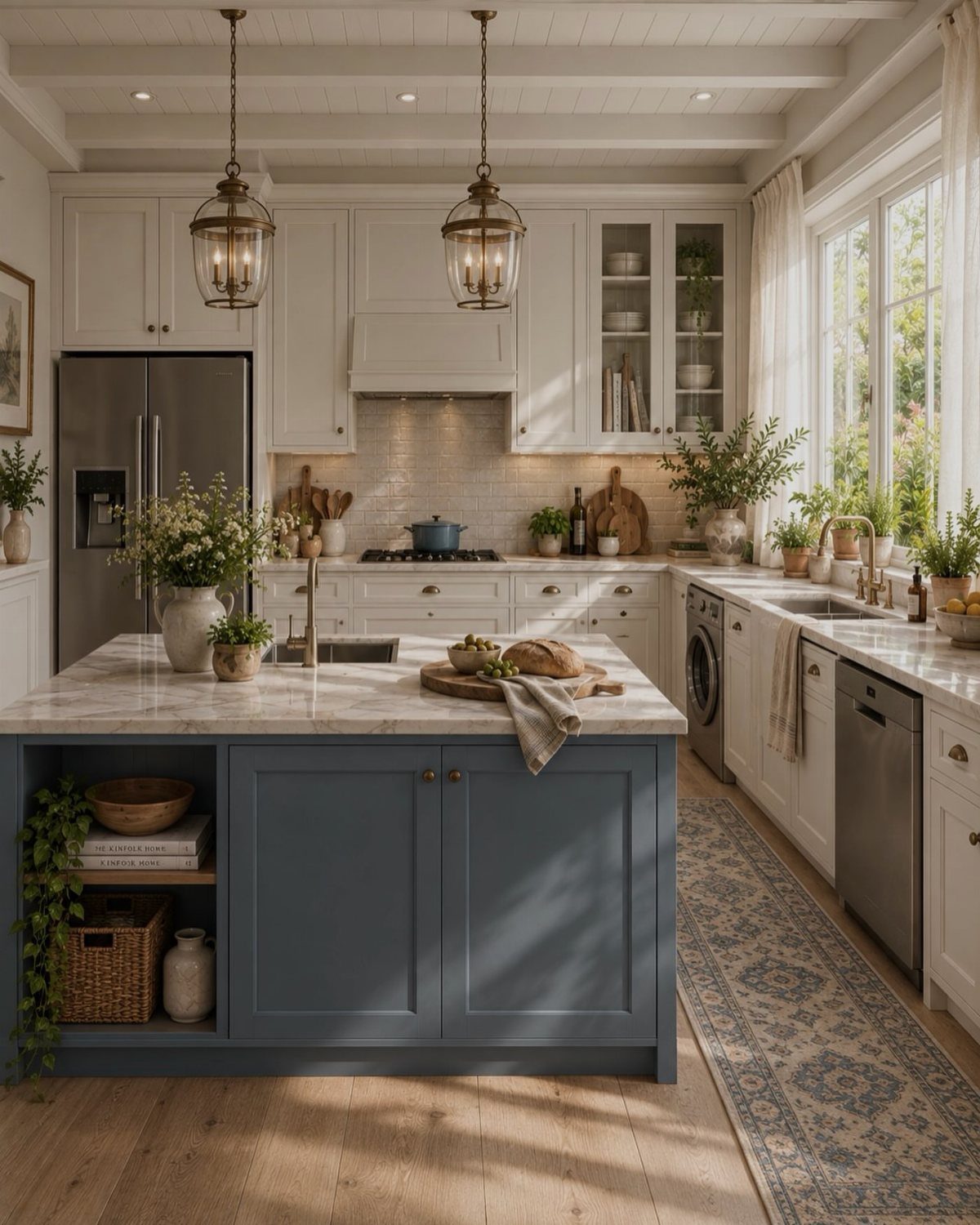 White kitchen cabinets and countertops with a large blue center island and pendant lighting.
