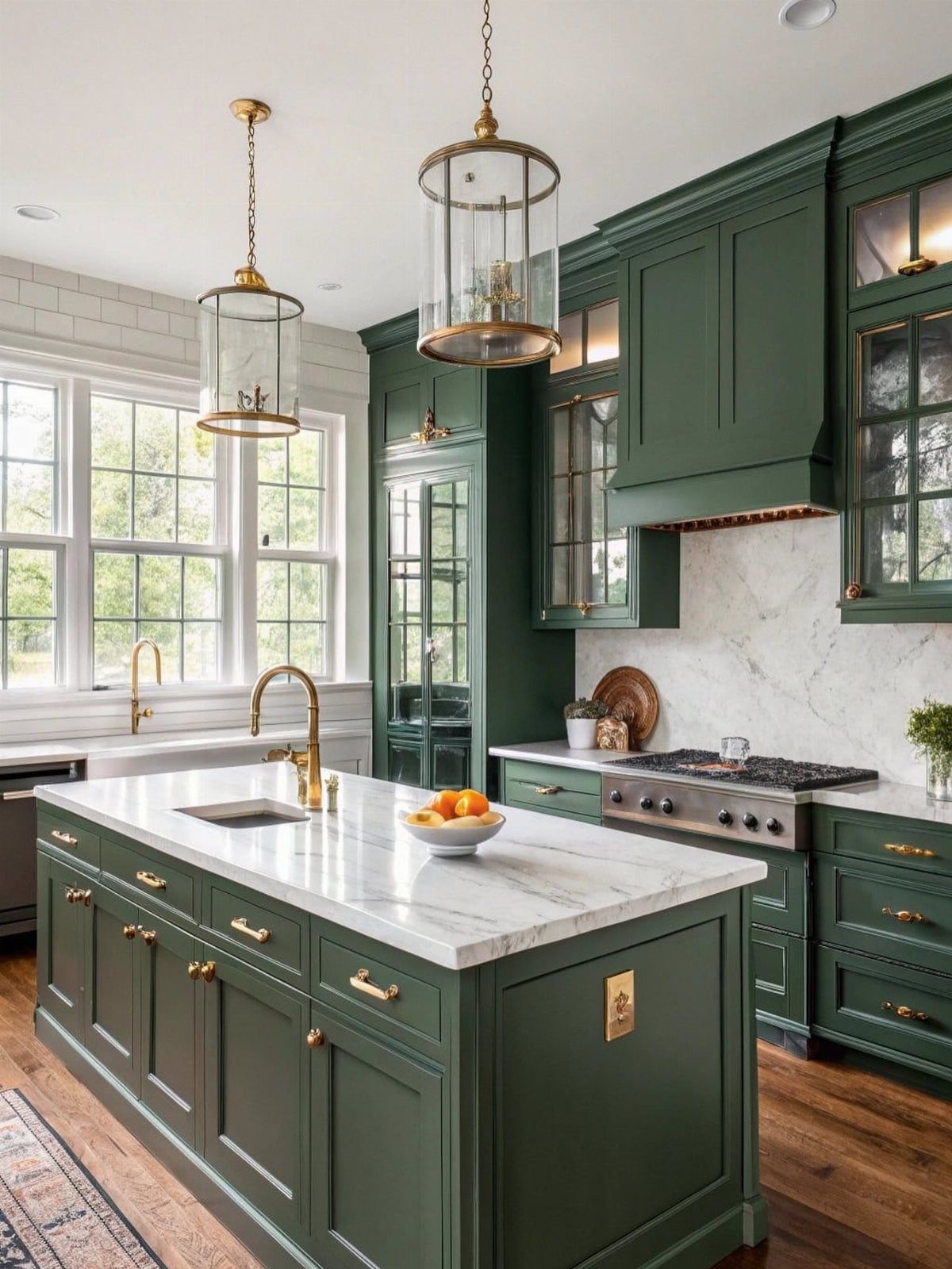 Dark green kitchen cabinets with gold hardware and white marble countertops and backsplash.