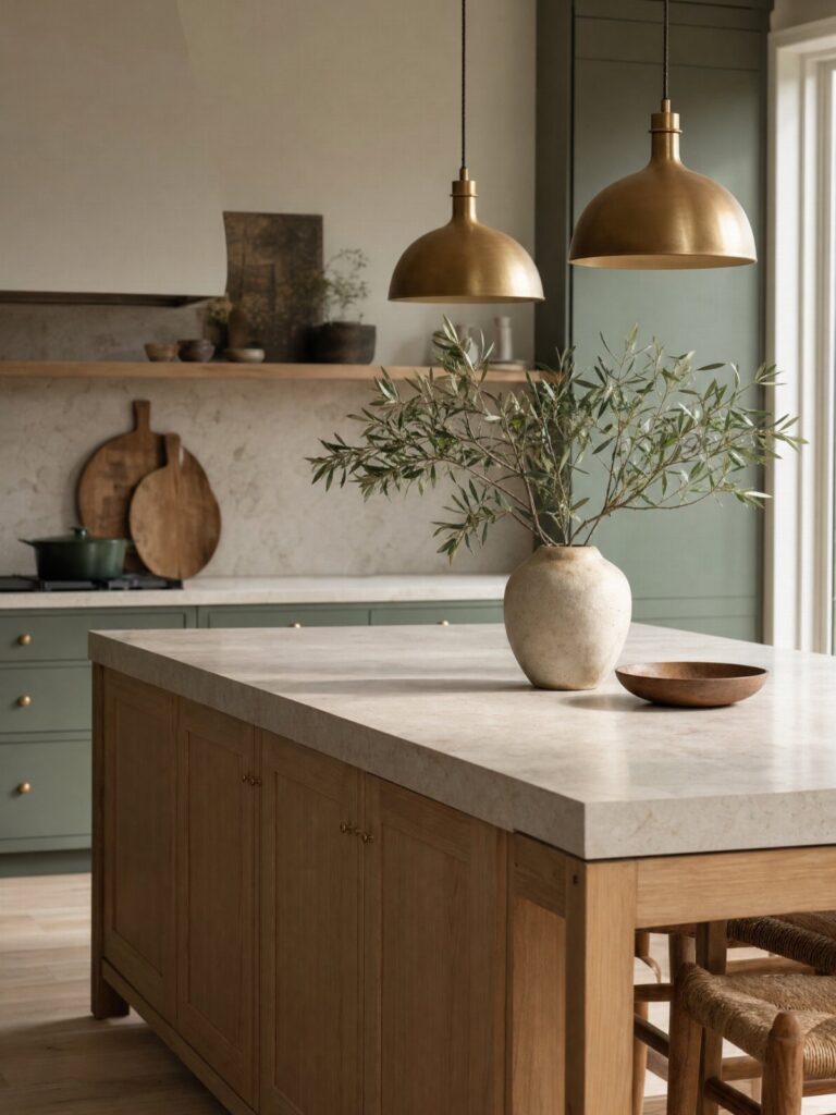 Earthy green kitchen cabinets with gold hardware and a light stone countertop.