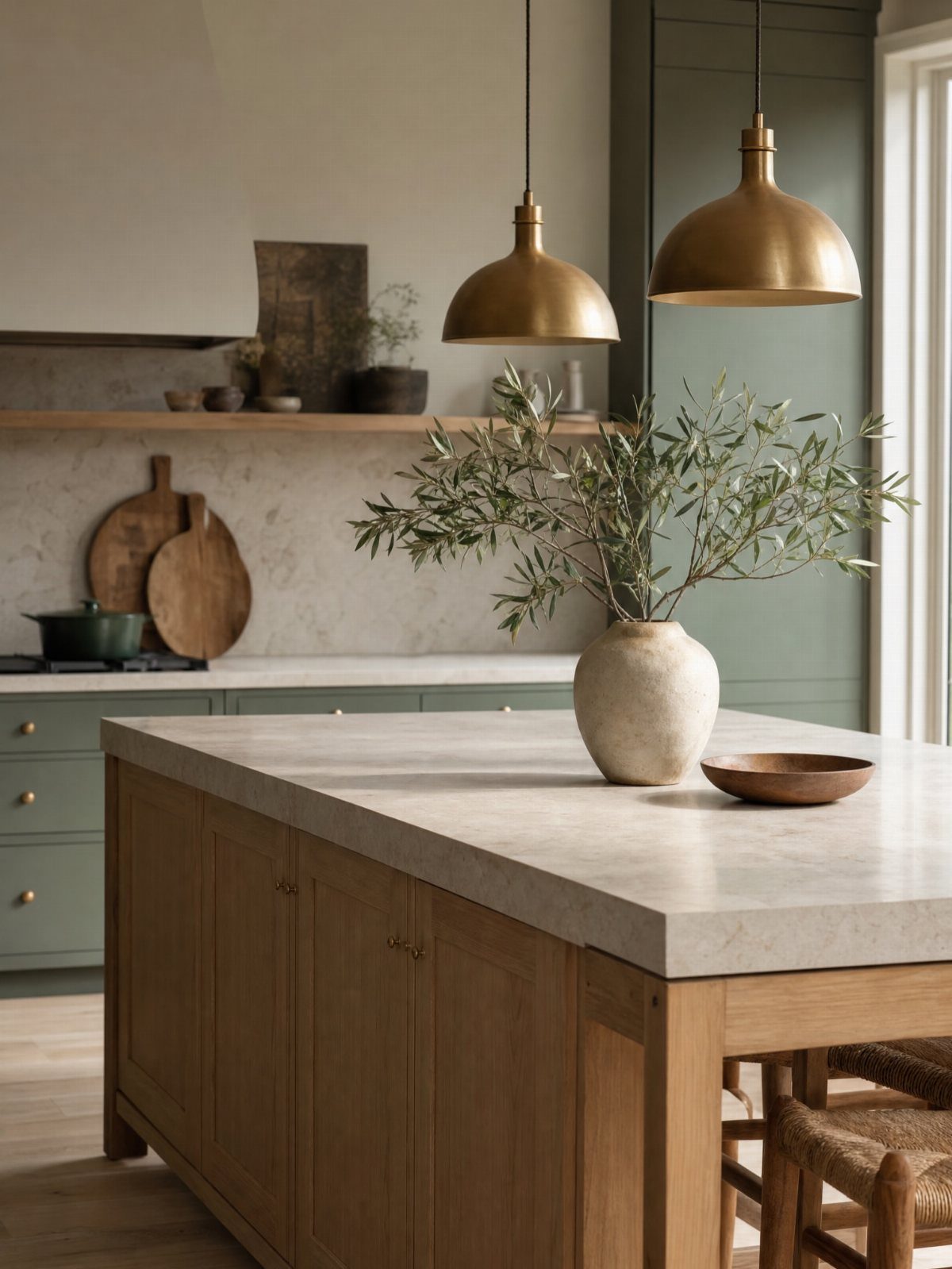 Earthy green kitchen cabinets with gold hardware and a light stone countertop.