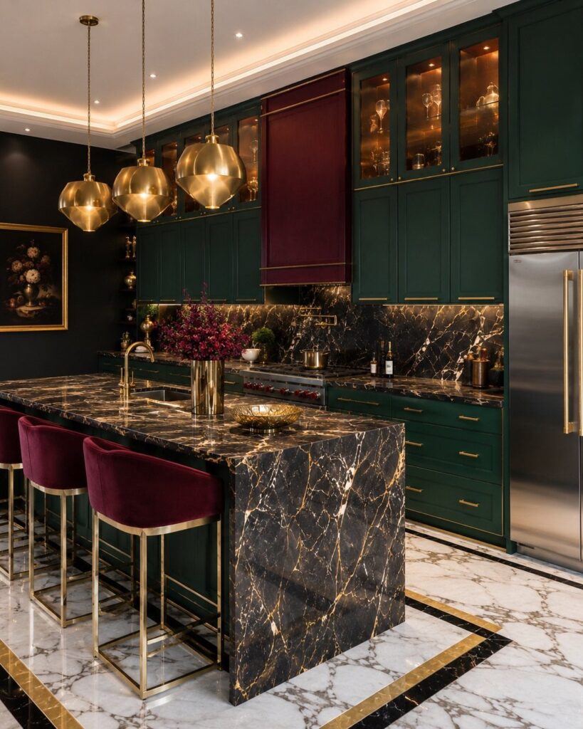 Emerald green kitchen cabinets with gold hardware and a black marble island.
