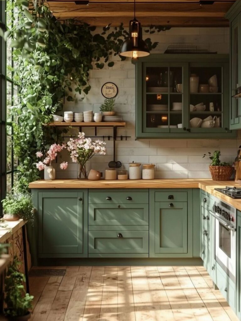 Forest green kitchen cabinets with light wood countertops and climbing indoor plants.