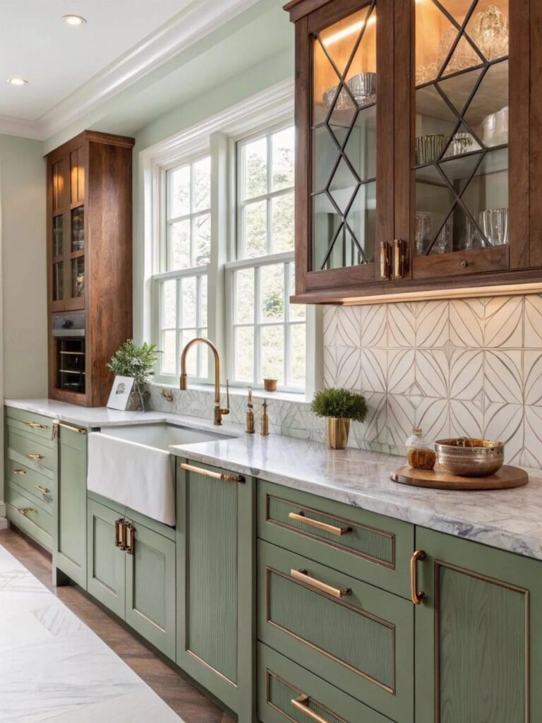 Sage green kitchen cabinets with gold hardware, white marble counters, and gold faucet.