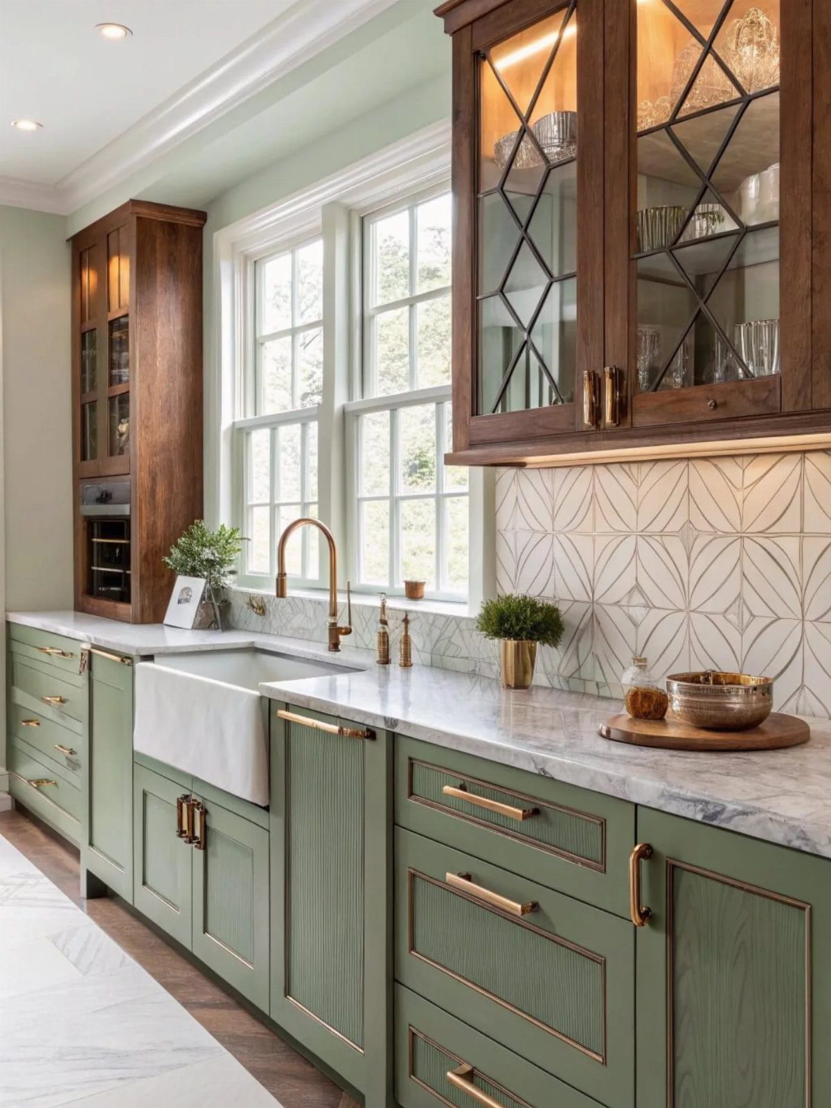 Sage green kitchen cabinets with gold hardware, white marble counters, and gold faucet.