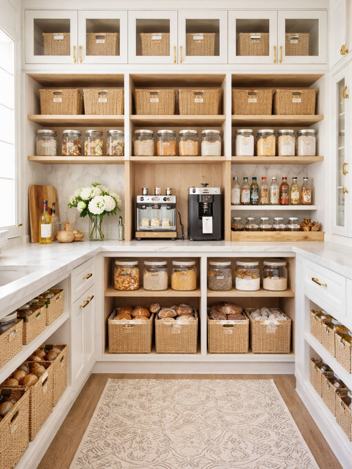 Woven wicker baskets and glass jars organizing food items in a white kitchen pantry.