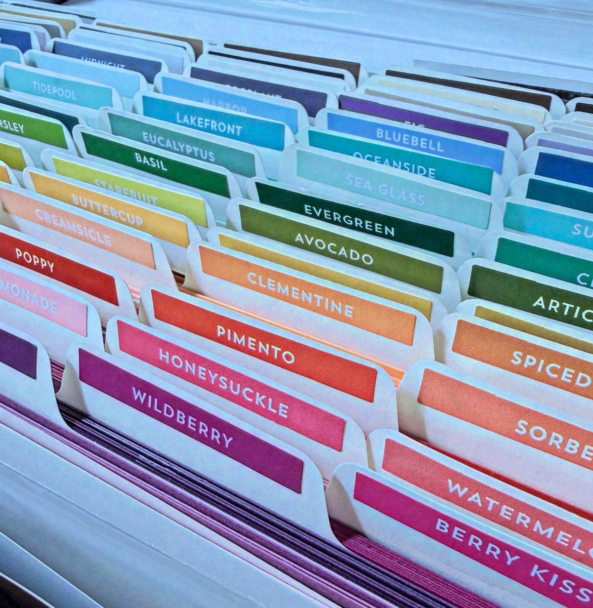 Colorful hanging file folder tabs arranged in a rainbow gradient inside a cabinet.
