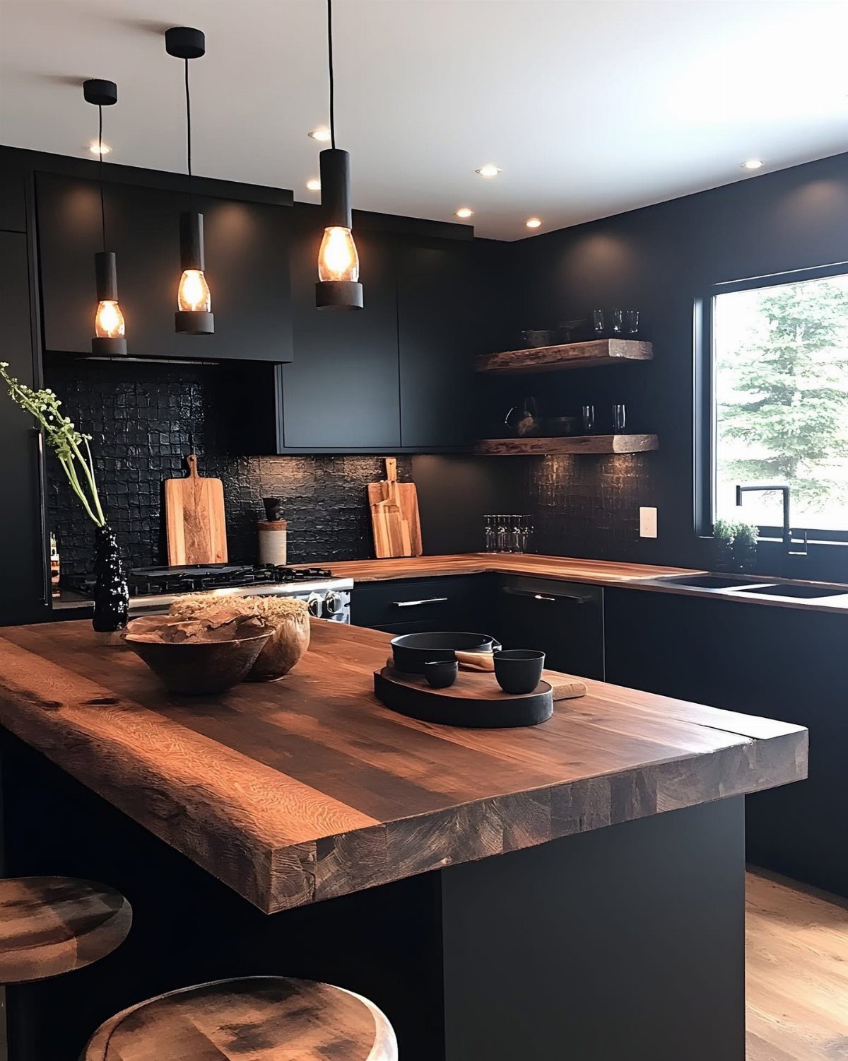 Matte black kitchen cabinets with a thick natural wood island and pendant lighting.