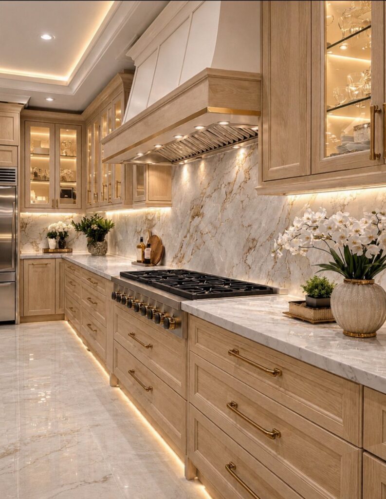 Light wood kitchen cabinets with gold hardware and white marble countertops and backsplash.