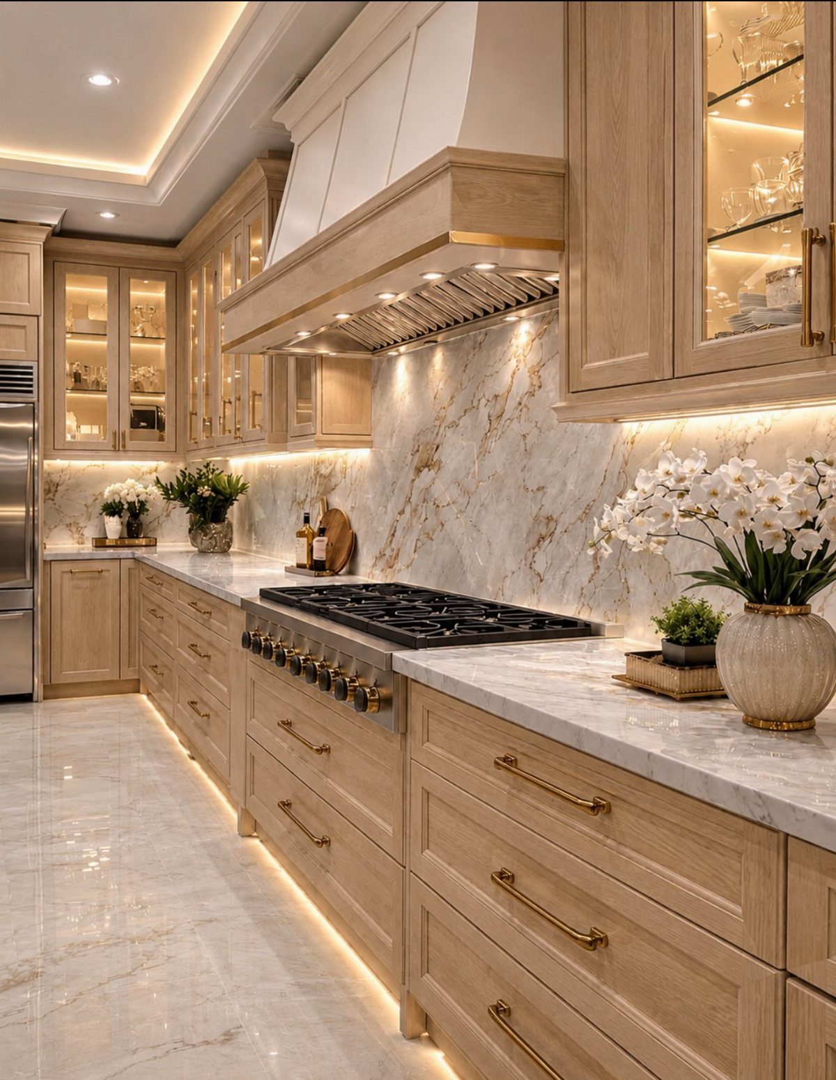 Light wood kitchen cabinets with gold hardware and white marble countertops and backsplash.