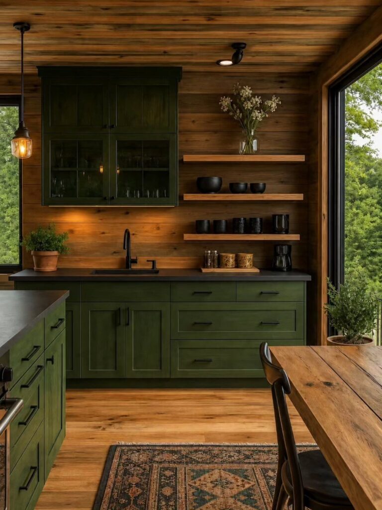 Forest green kitchen cabinets against natural wood walls with open shelving and black counters.
