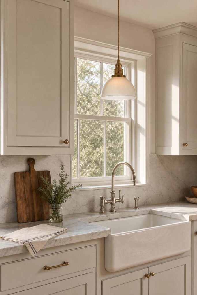 White dome pendant light hanging over a farmhouse sink in a bright kitchen