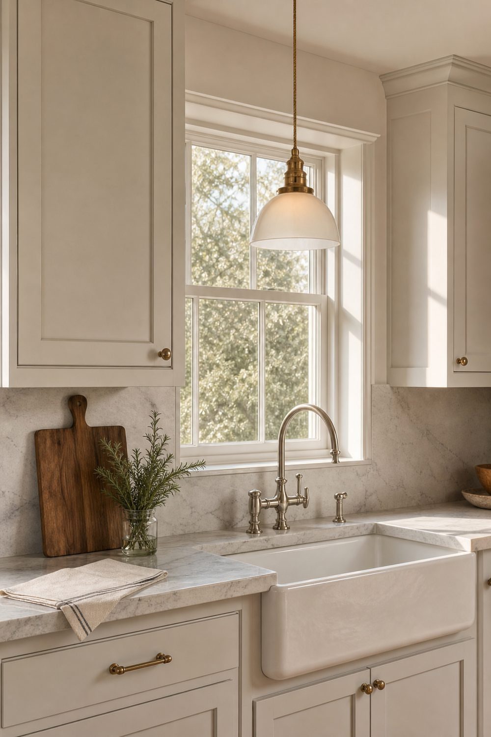 White dome pendant light hanging over a farmhouse sink in a bright kitchen