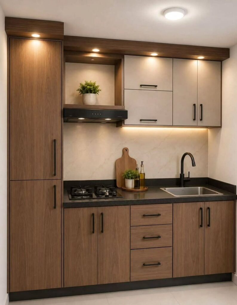Small modern kitchen with wood and grey cabinets, black countertops, and integrated lighting.