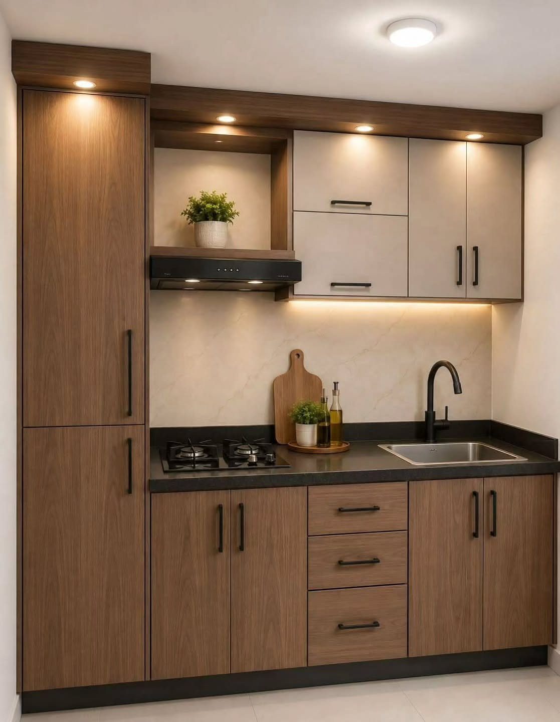 Small modern kitchen with wood and grey cabinets, black countertops, and integrated lighting.