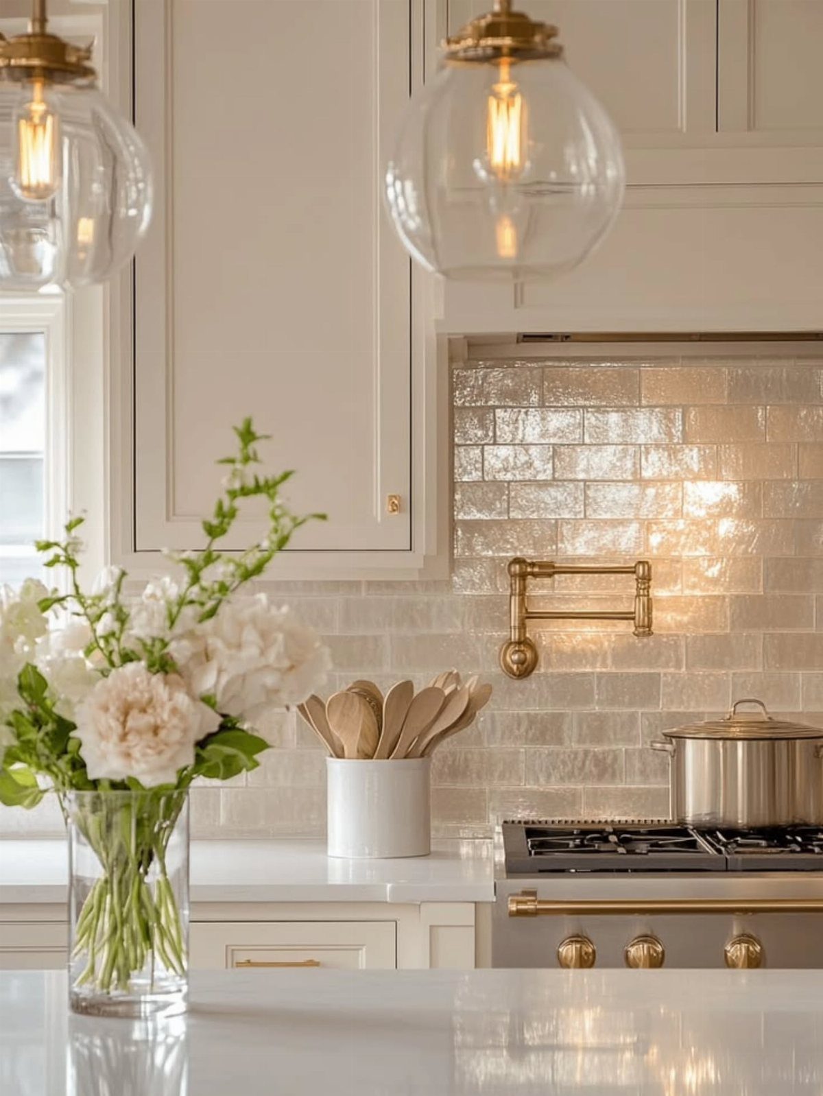 Glossy light-colored subway tile backsplash in a bright white kitchen with gold accents.