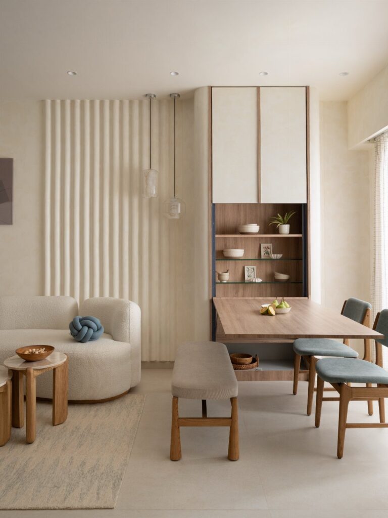 Wooden dining table with blue chairs and a bench in a compact living area.