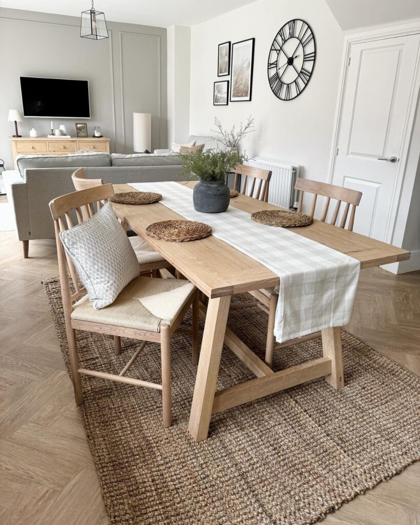 Wooden dining table with chairs and a white runner on a brown jute rug