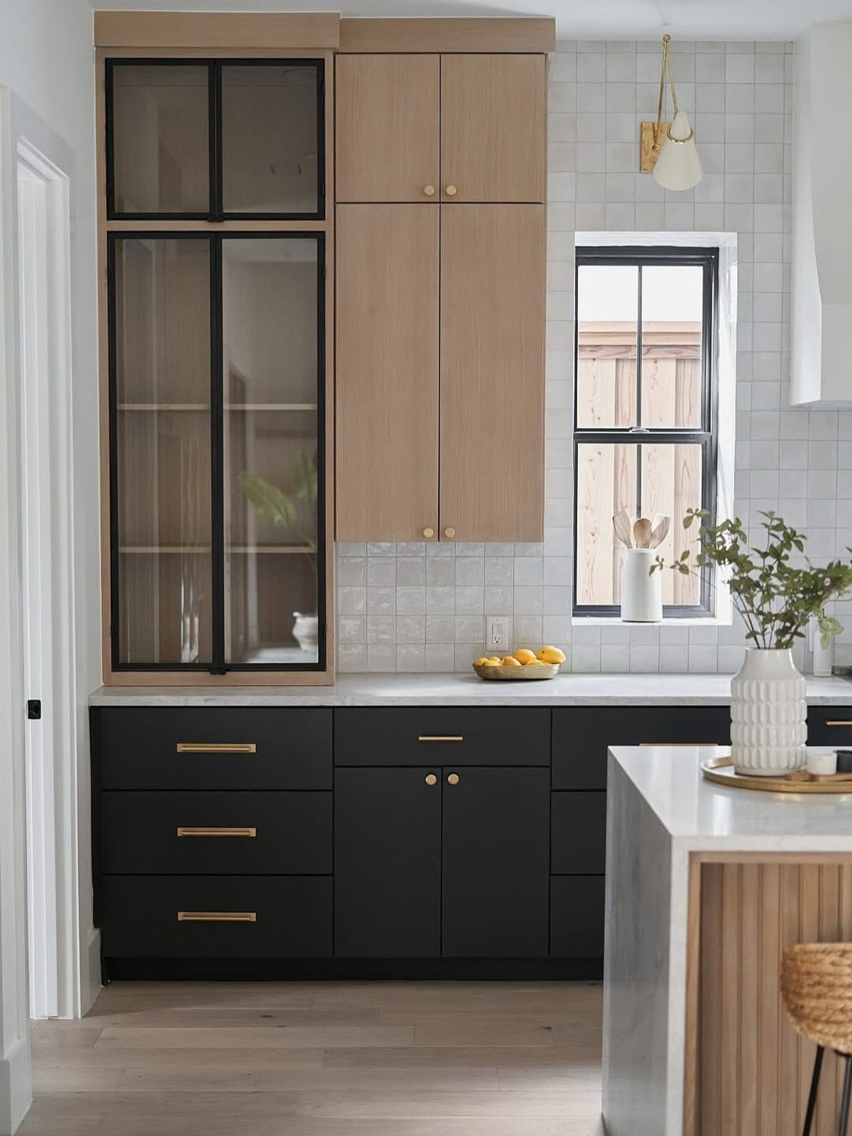 Black lower cabinets and light wood upper cabinets in a modern white kitchen.