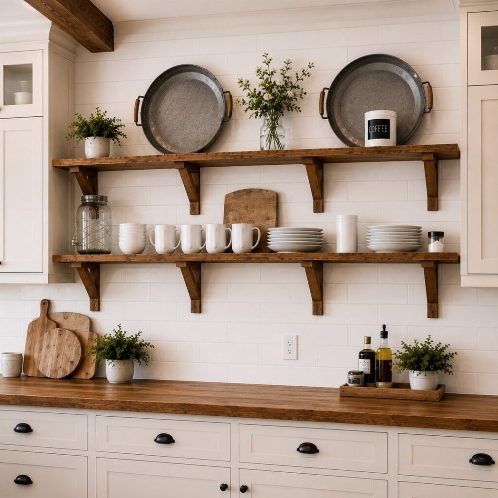 Wooden open shelves on a white tiled wall holding mugs and plates
