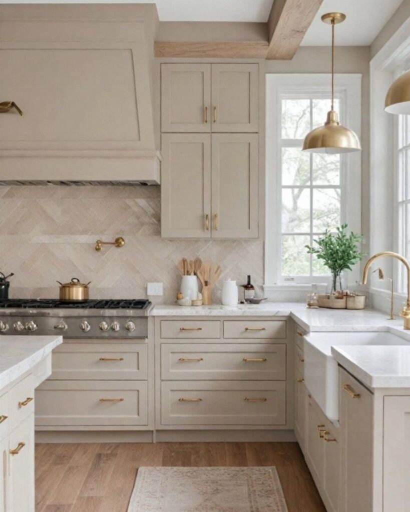 Beige kitchen cabinets with brass hardware, white countertops, and a brass pendant light.
