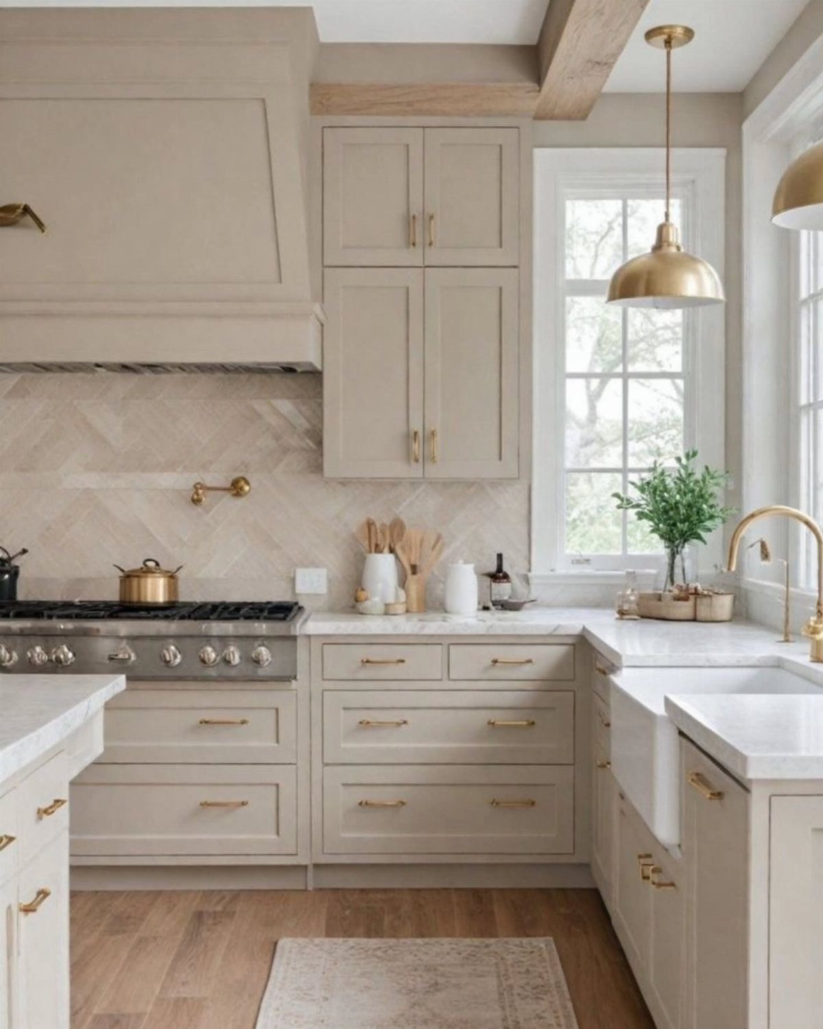 Beige kitchen cabinets with brass hardware, white countertops, and a brass pendant light.