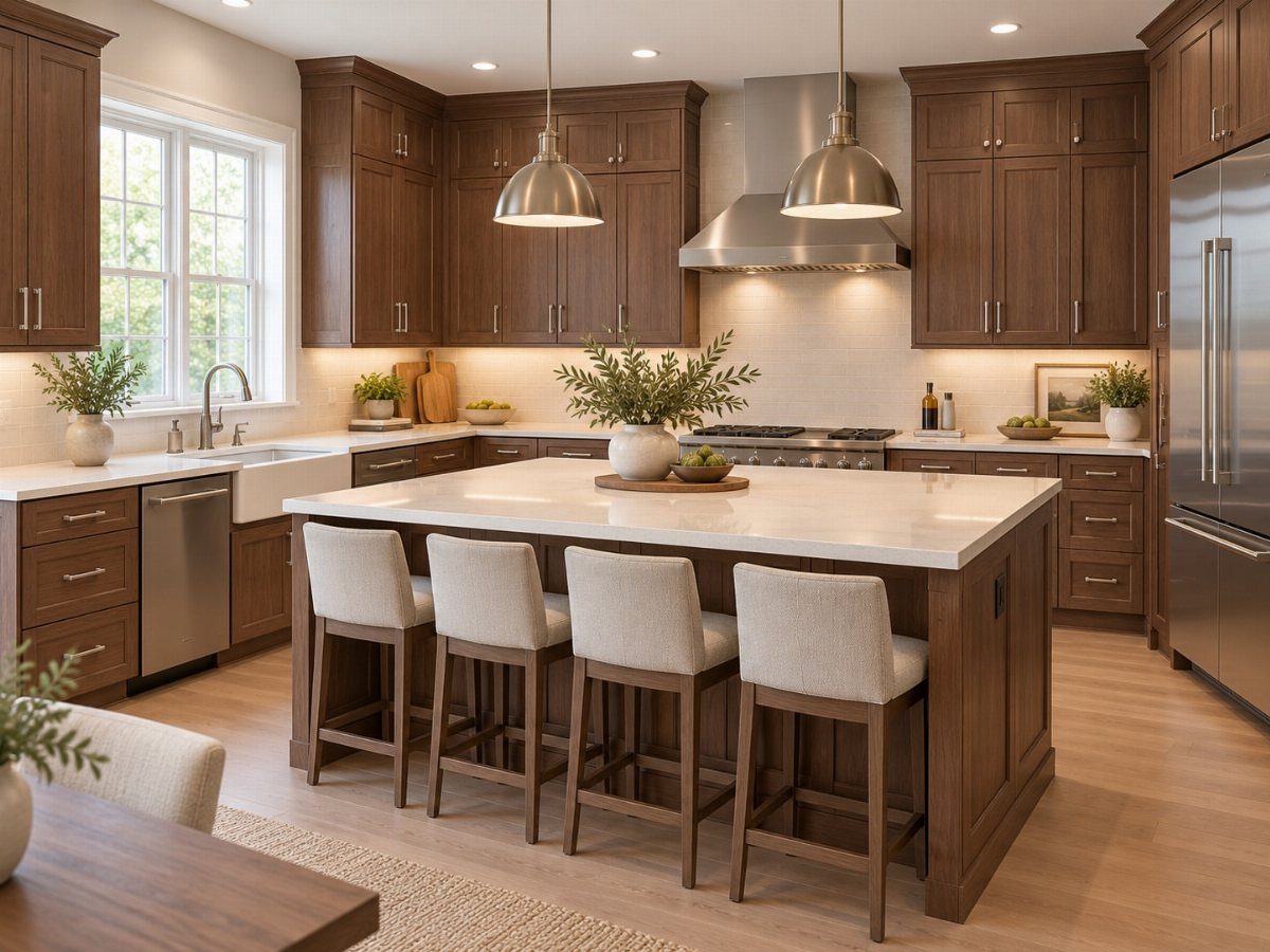 Modern kitchen with dark stained wood cabinets, white marble island, and beige barstools.