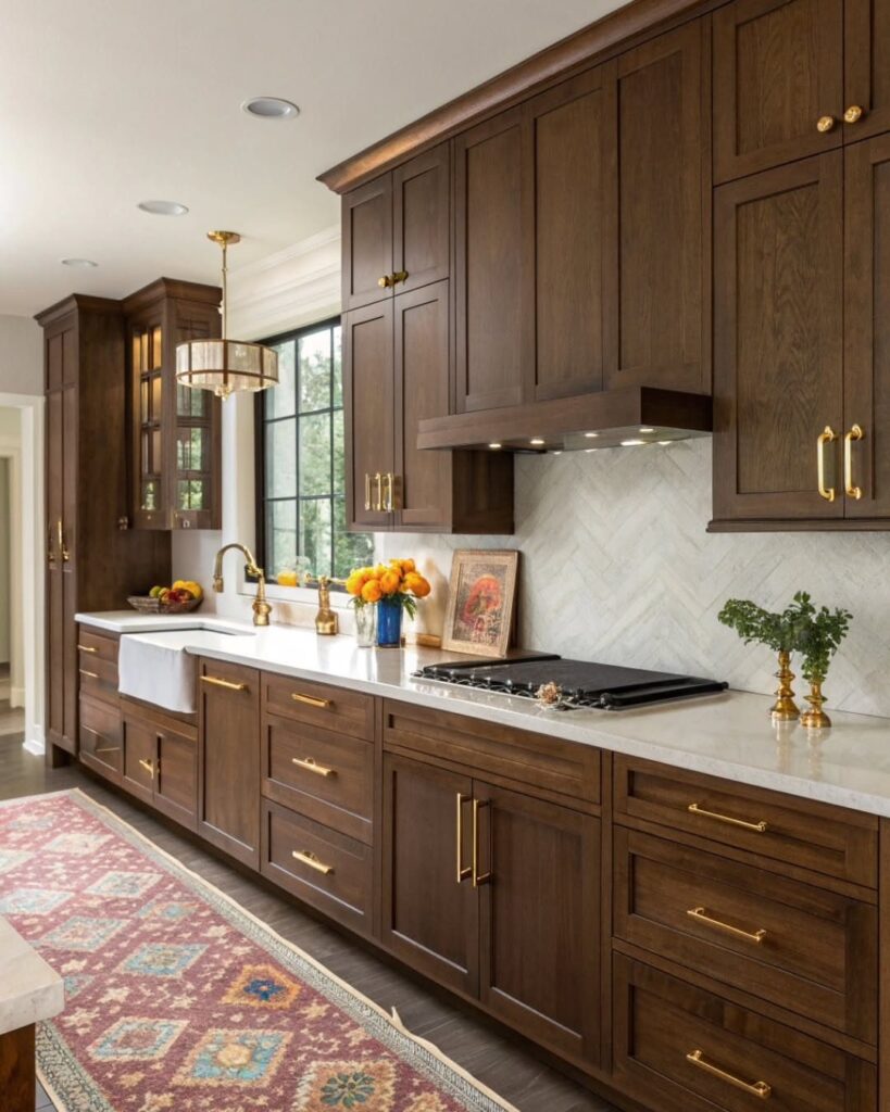 Dark walnut kitchen cabinets with gold hardware and white marble countertops.