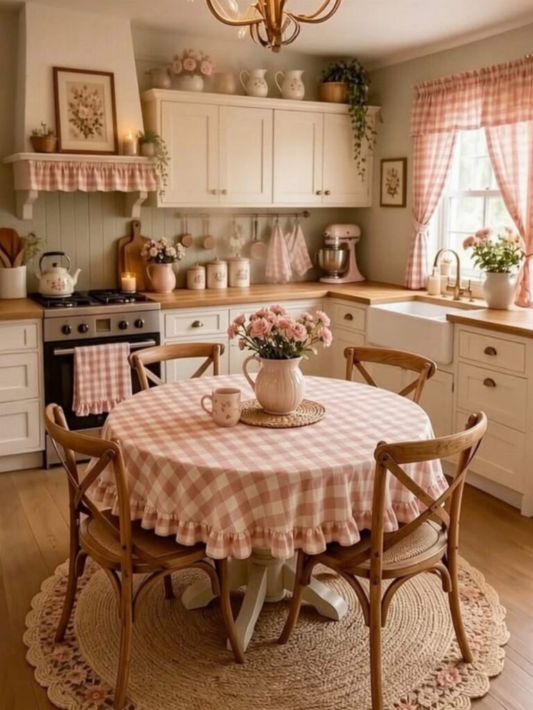 Round table with pink gingham cloth and wooden chairs in a rustic kitchen