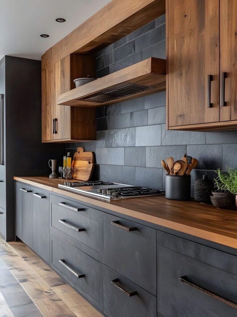 Modern kitchen with wooden upper cabinets, black lower cabinets, and dark grey tile backsplash.