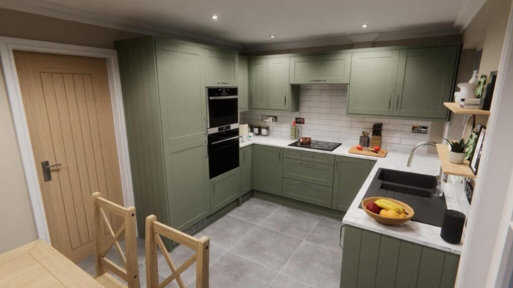 Moss green kitchen cabinets with white countertops and a white tiled backsplash.