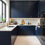 Navy blue kitchen cabinets with gold hardware and white marble countertops and floors.