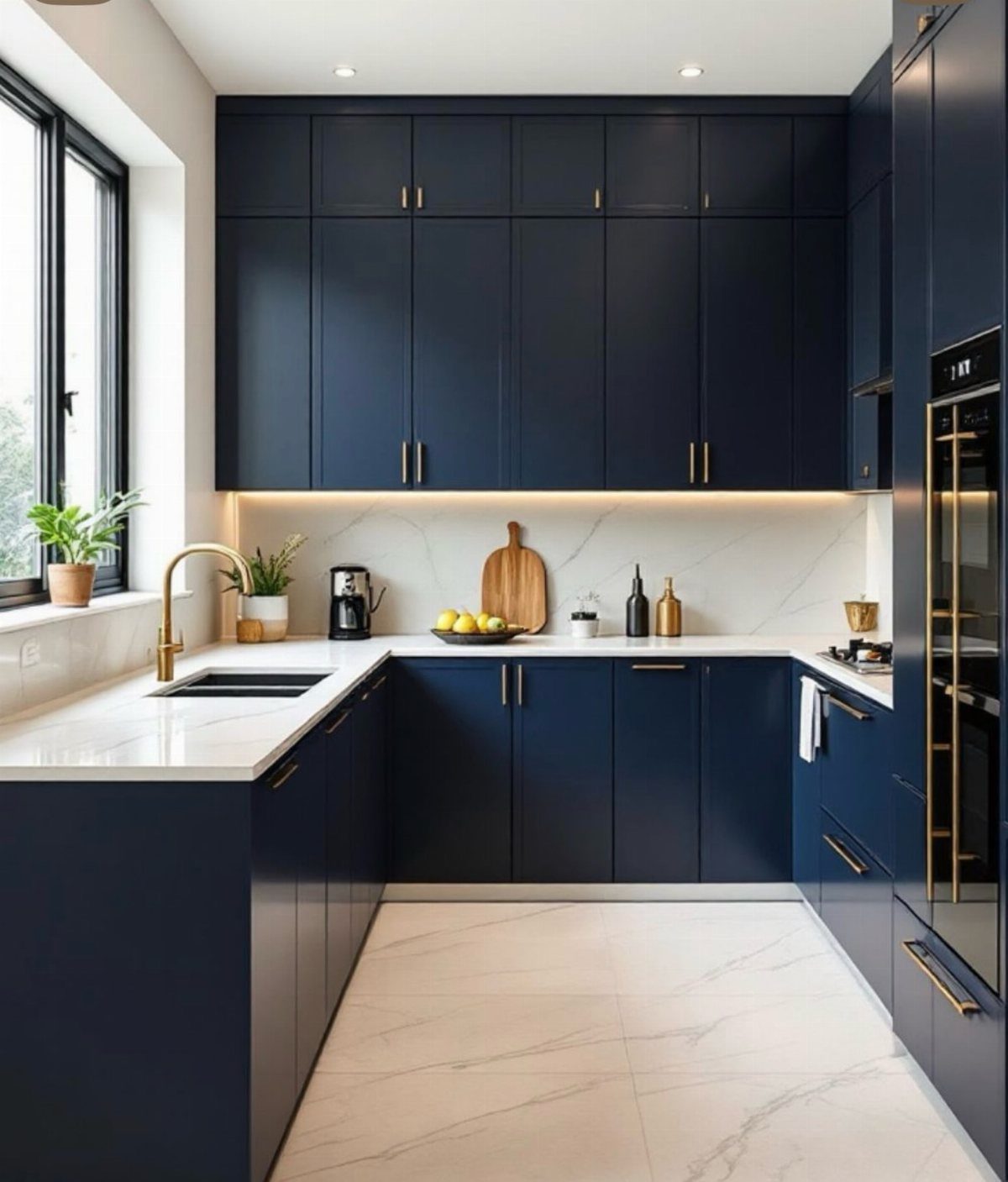 Navy blue kitchen cabinets with gold hardware and white marble countertops and floors.