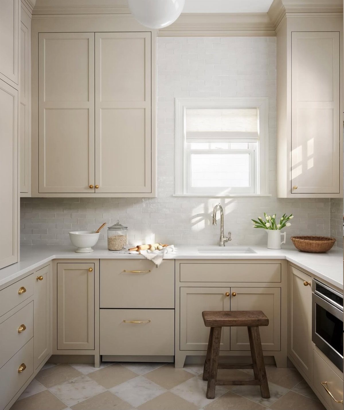 Off-white kitchen cabinets with gold hardware and white marble tiled flooring.