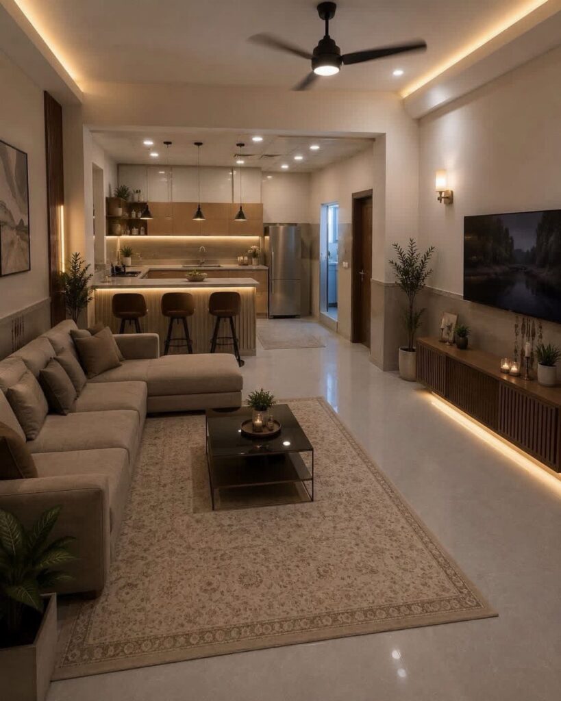 Modern open concept living room and kitchen with beige sofa and warm lighting