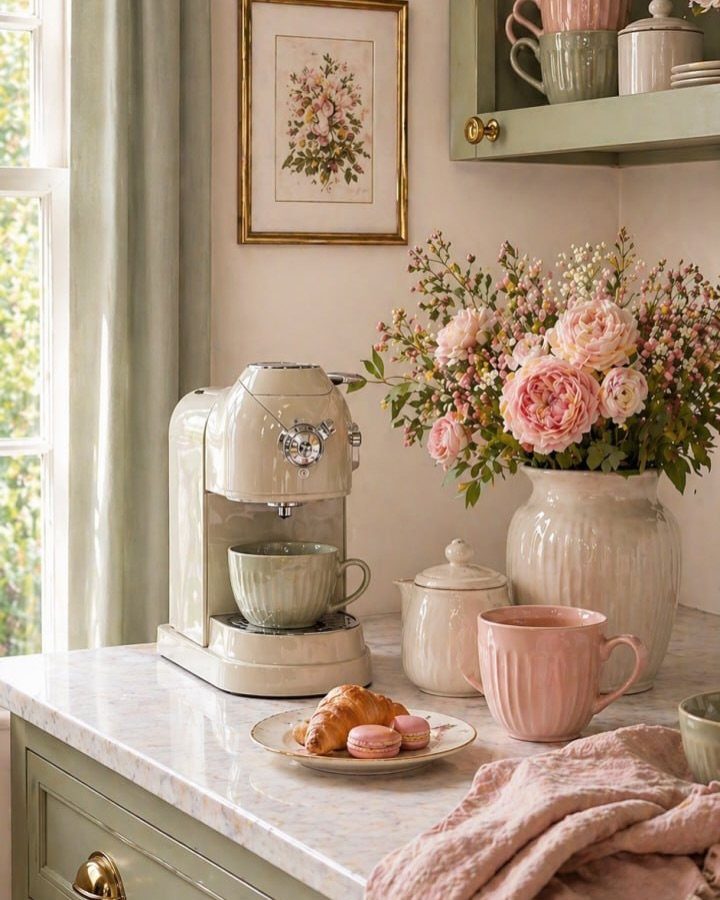 Sage green kitchen cabinets and marble countertop with espresso machine and pink flowers