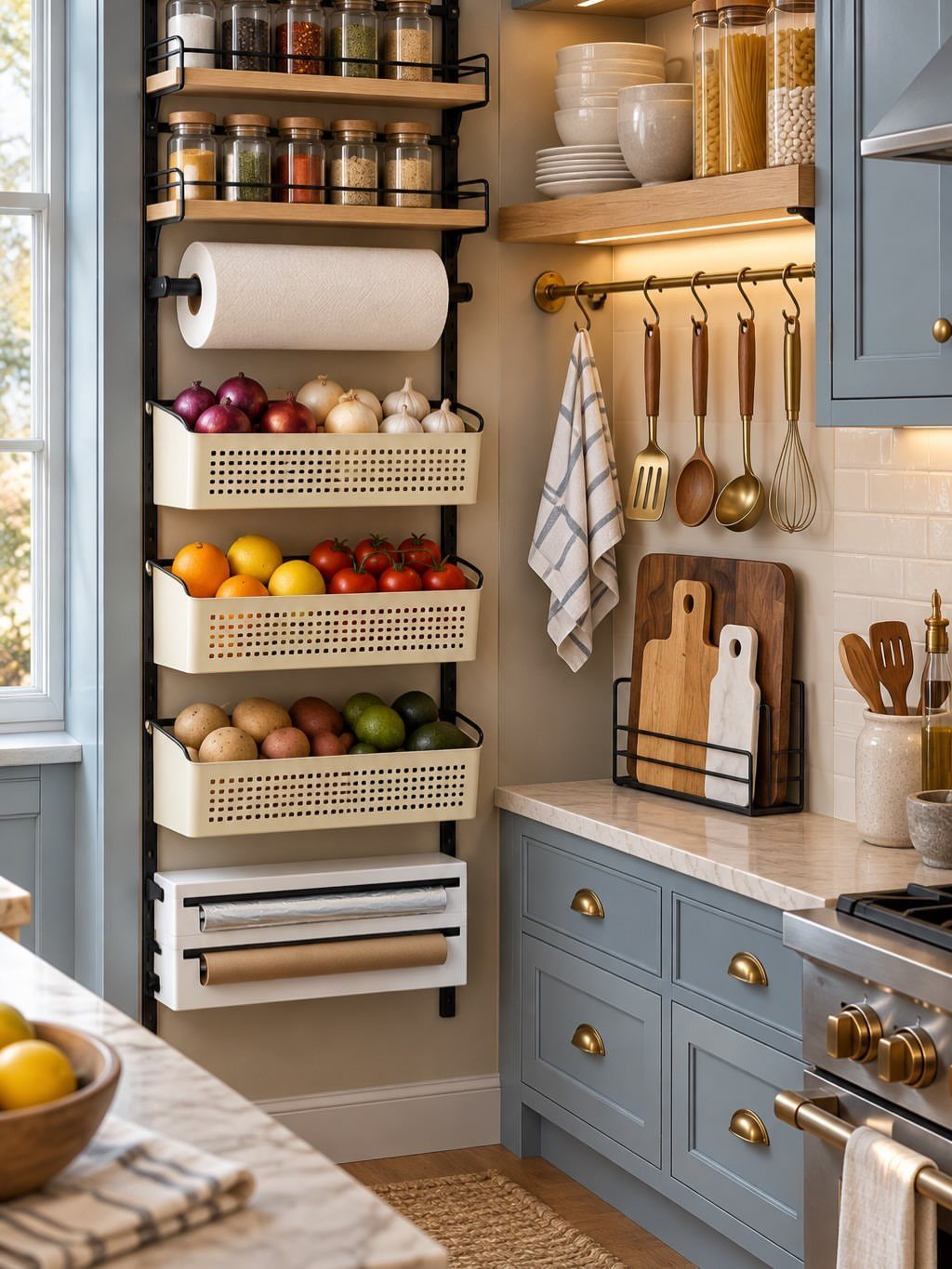 Wall-mounted organization system with spice jars and produce bins in a small kitchen