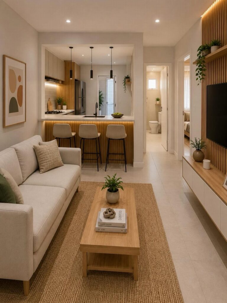 Modern open-concept small living room and kitchen with neutral tones and wooden accents