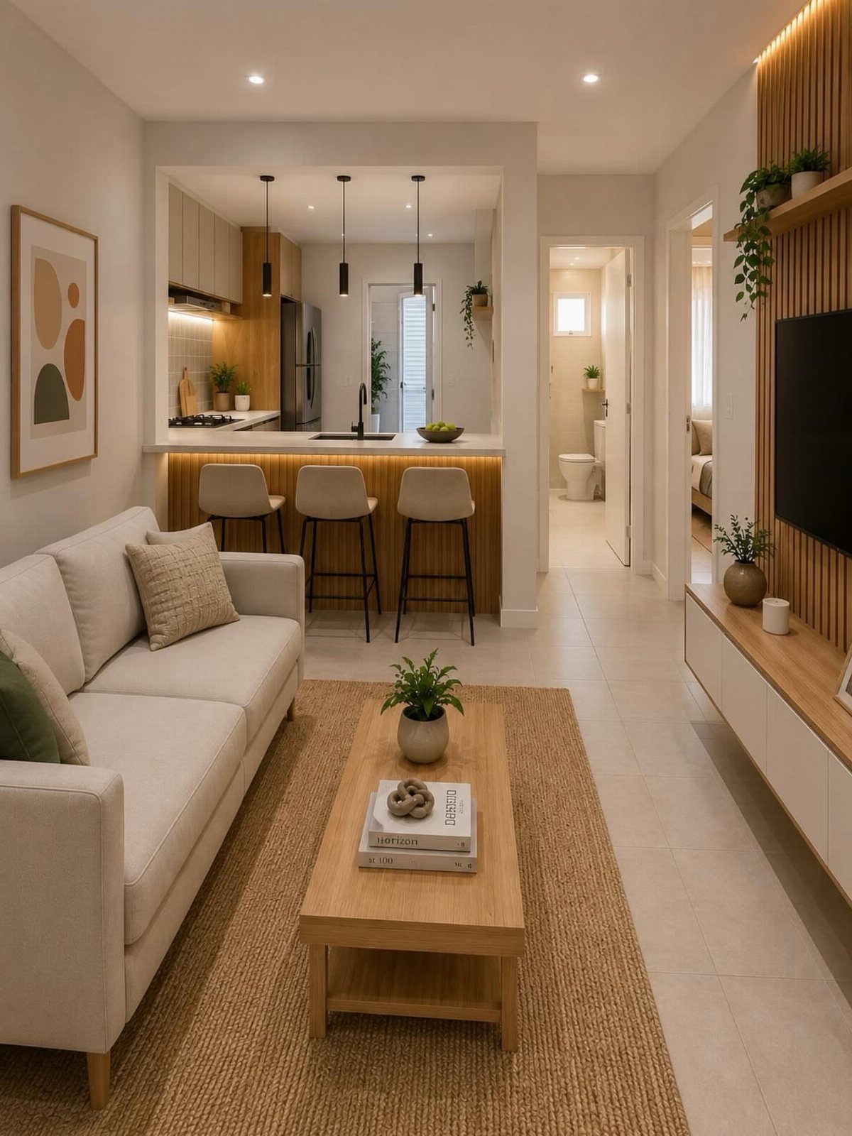 Modern open-concept small living room and kitchen with neutral tones and wooden accents