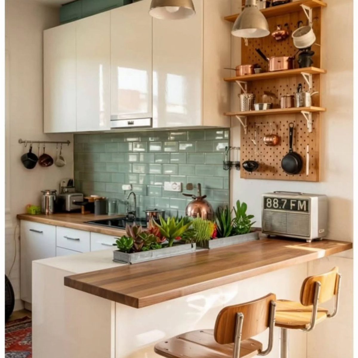 Compact kitchen with white cabinets, green tiles, wooden countertops, and a breakfast bar.