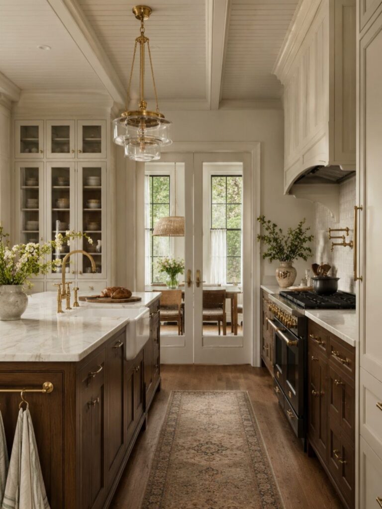 Dark brown lower cabinets and white upper cabinets in a bright farmhouse kitchen.