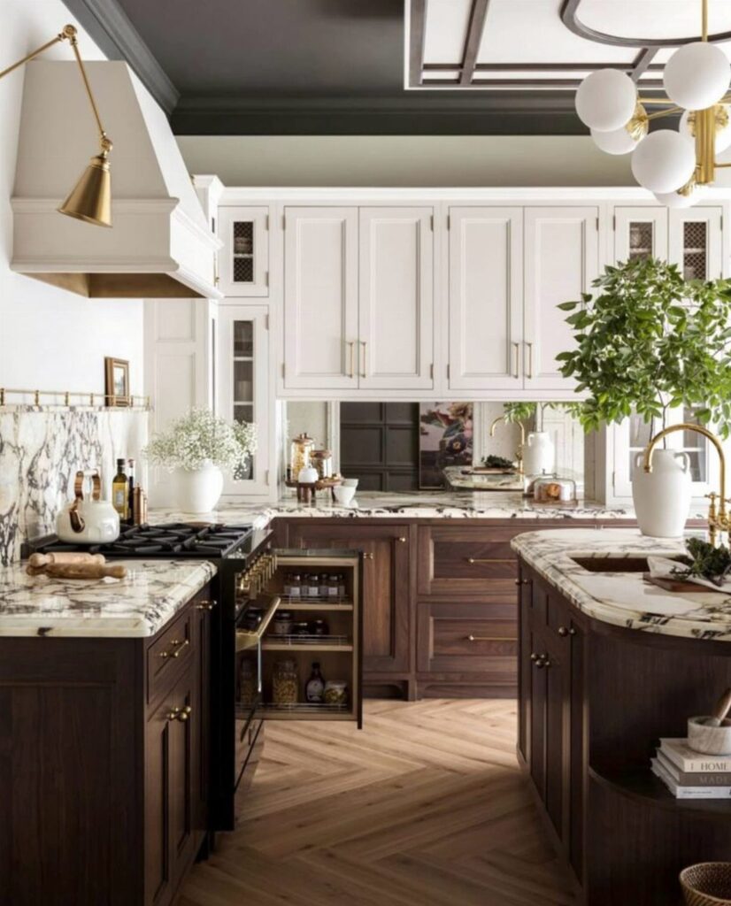 Two tone kitchen cabinets with white uppers and dark brown wood lowers.