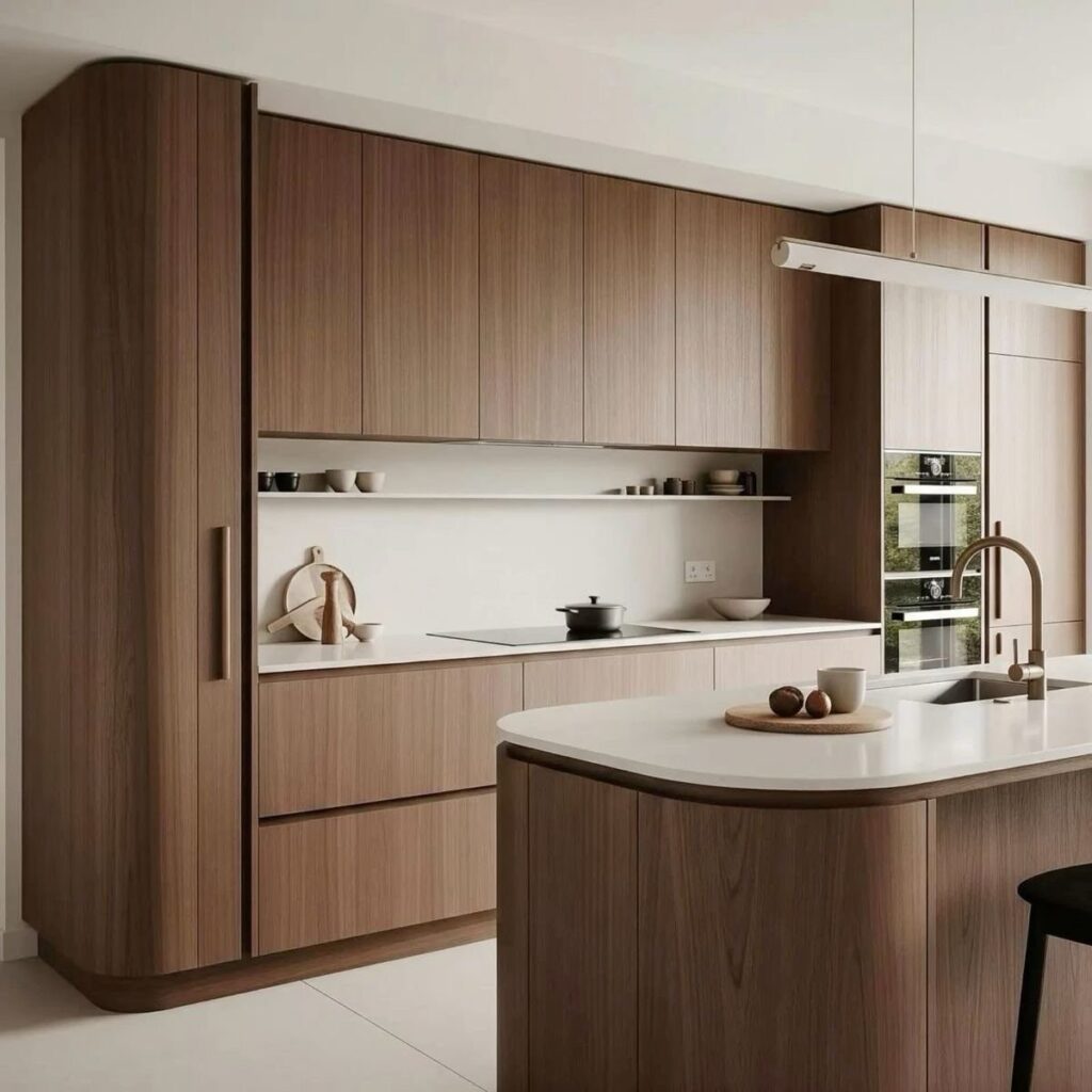 Modern walnut kitchen cabinets with white countertops and a curved wooden island.