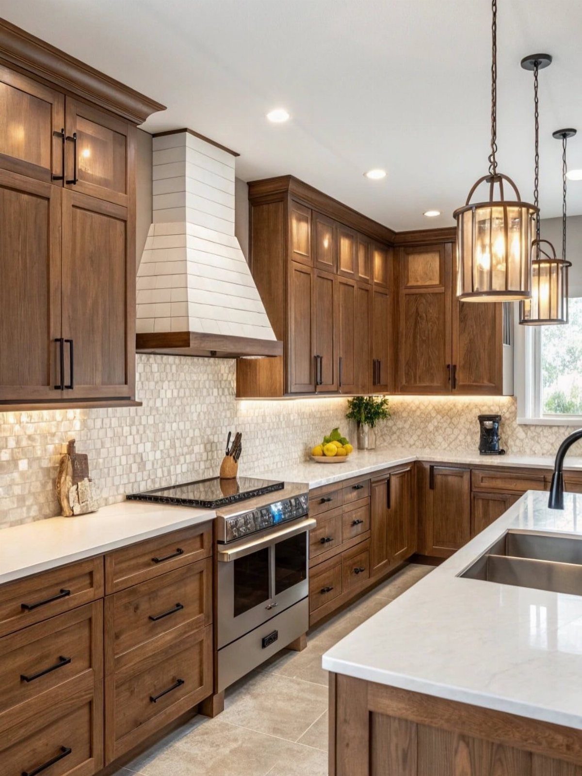 Warm wood kitchen cabinets with white quartz countertops and hanging lantern pendant lights.