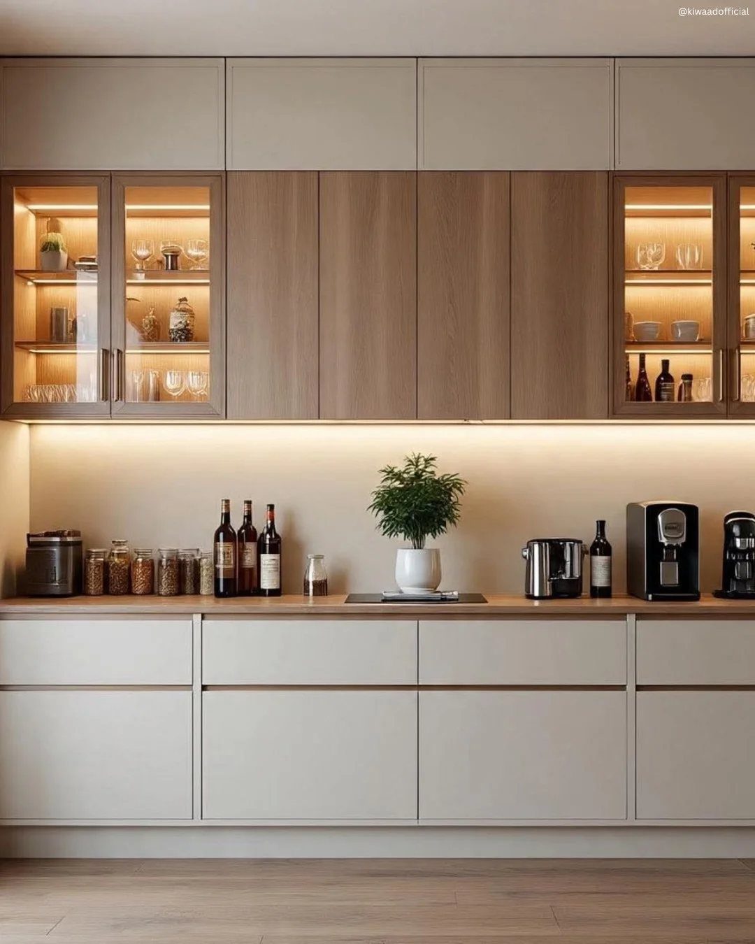 Modern kitchen with white cabinets, light wood accents, and a wooden countertop.