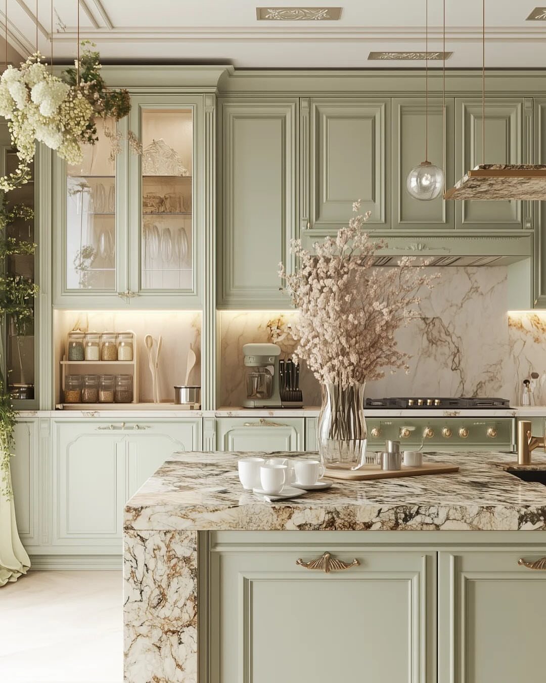 Pale green kitchen cabinets with marble countertops and a matching marble island.