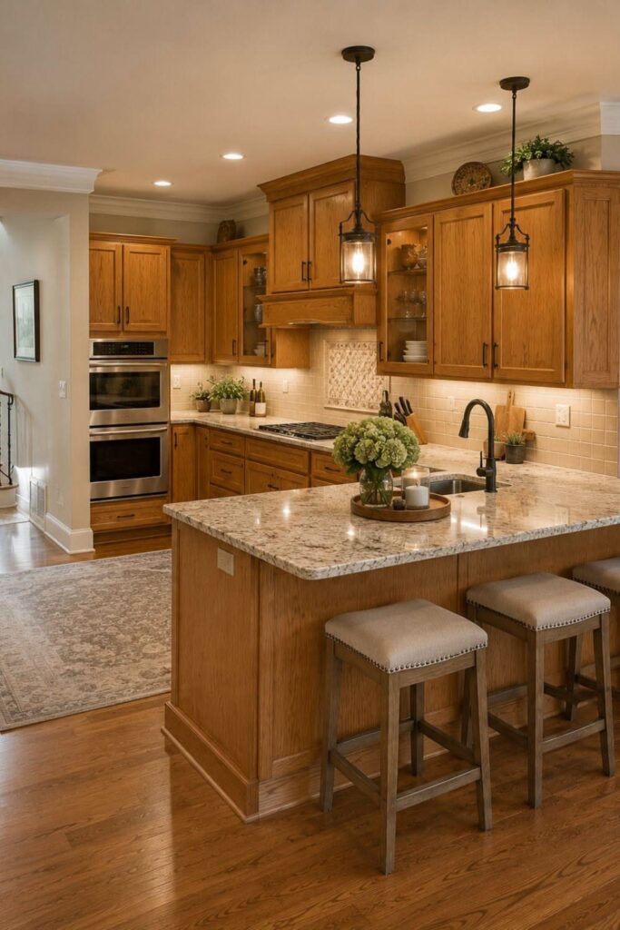 Wood cabinets and matching wood floors in a well-lit kitchen with a granite island.