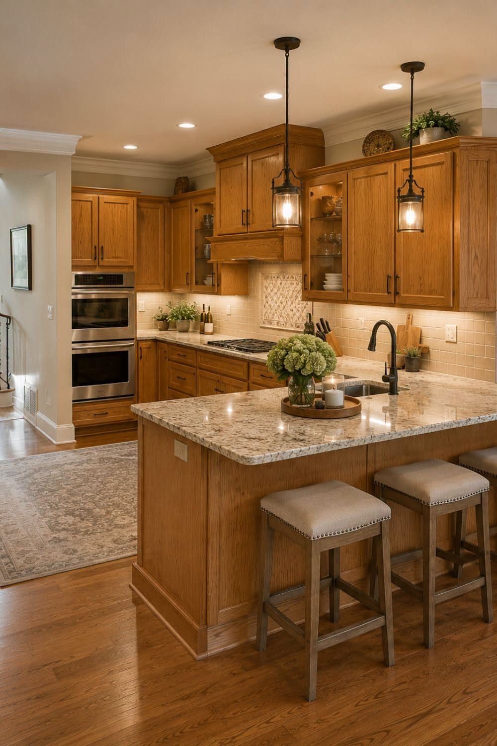 Wood cabinets and matching wood floors in a well-lit kitchen with a granite island.